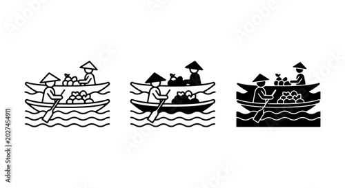 Tableau sur toile Floating Market Icons, Asian Boat Vendors, River Commerce, Traditional Trade Vec