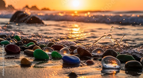 Beautiful sunset over pebbled beach with waves crashing along shoreline