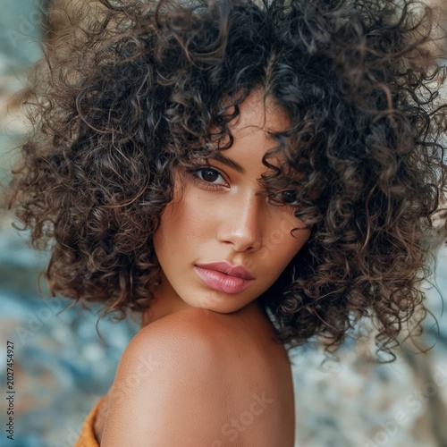 Curly Hair Model Poses in a Studio With a Plain Background During a Photoshoo...