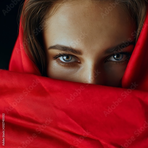 Woman With Dark Hair Peeking From Behind Red Fabric Indoors in the Afternoon