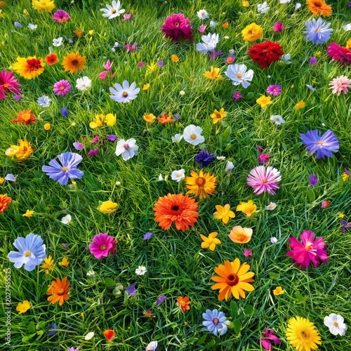 Colorful Flowers Bloom in a Green Field During Springtime in a Sunny Location