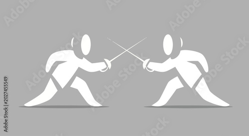Cuadro en lienzo Two fencers in white uniforms clashing swords on a gray background
