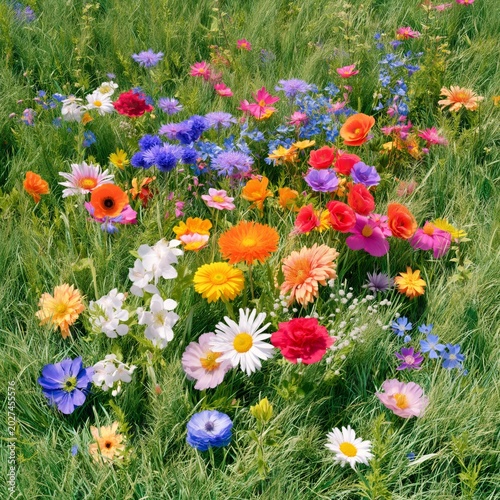 Colorful Wildflowers in a Field During Daytime With Bright Petals and Green L...