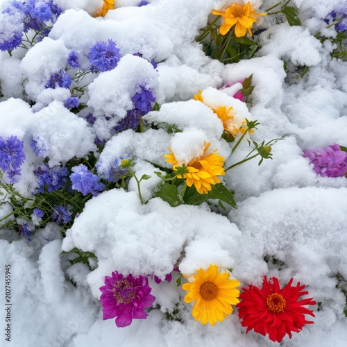 Colorful Flowers Bloom Under Snow in Winter Garden Scene Near Home in Bright ...