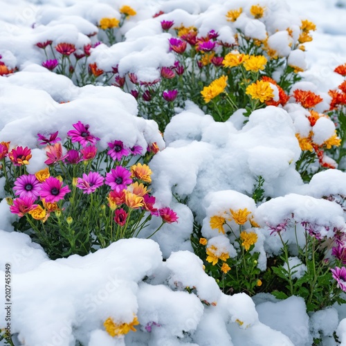 Colorful Flowers Bloom Under Snow in Winter Garden Scene Near Home in Bright ...