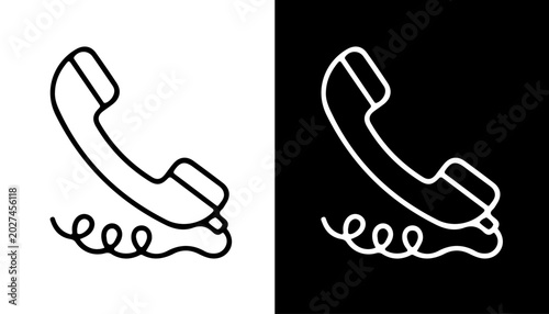 Quadro su tela Vintage Telephone Icon Duo: A minimalist representation of a classic telephone handset with a coiled cord, presented in both a stark black and white