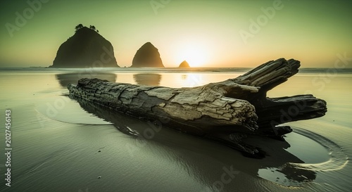 Driftwood log on a serene beach with rock formations at sunset time