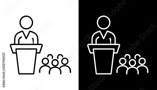 Bild auf Leinwand Speaker and Audience: A graphic illustration depicts a speaker behind a podium addressing a small audience, presented in a dual black and white composition