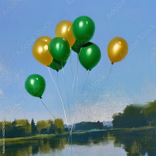 Balloons Floating Above a Lake With Trees in the Background During a Clear Day