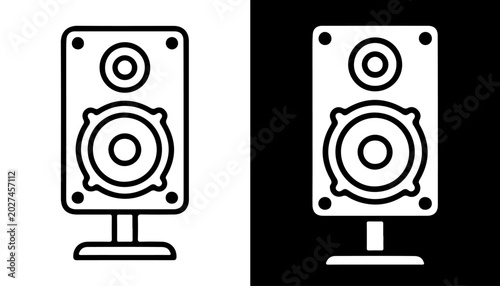 Speaker Icon: A simple, clean outline icon of a speaker, presented in both black and white versions, symbolizing audio and sound technology.