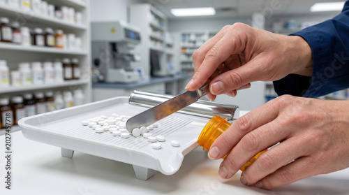 Pharmacy technician dispensing medication on a tray in a pharmacy  