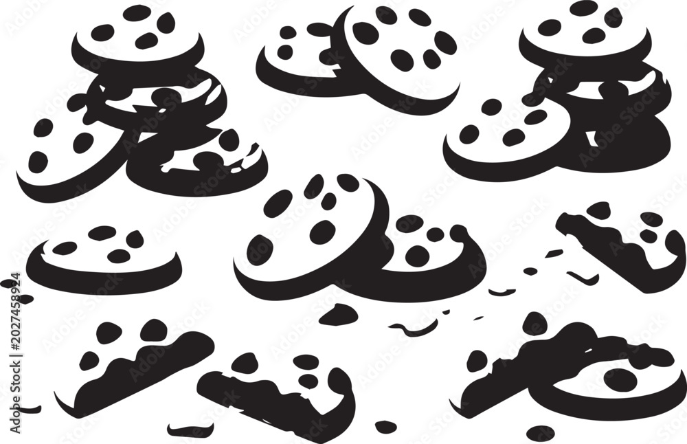 Fototapeta premium Black silhouette of cookies with chocolate chips on white background, isolated on white background