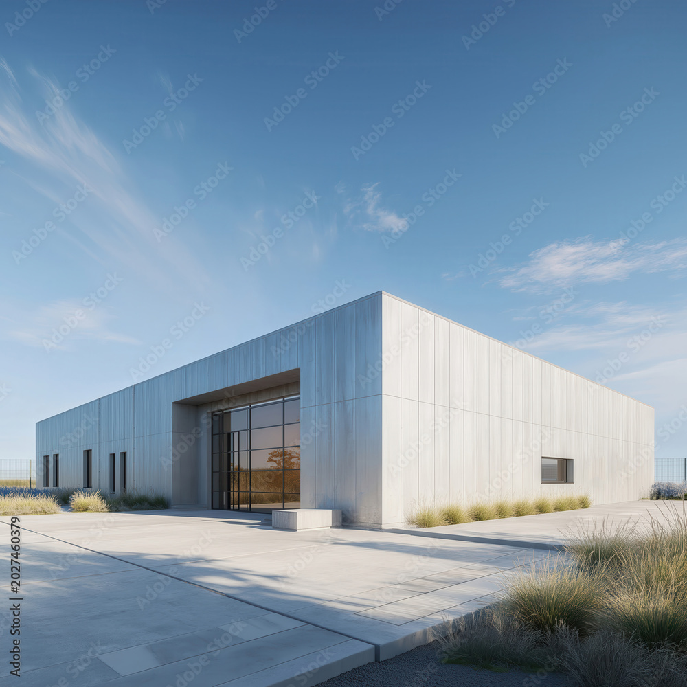 Obraz premium Modern minimalist industrial building with concrete facade and large glass entrance in arid landscape