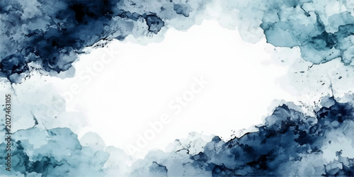 Fotografie Abstract navy blue watercolor frame vector, indigo ink splash border on white ba
