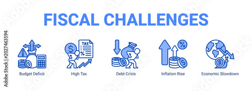 Tableau sur toile Fiscal Challenges web banner icon concept, with Budget Deficit, High Tax, Debt Crisis, Inflation Rise