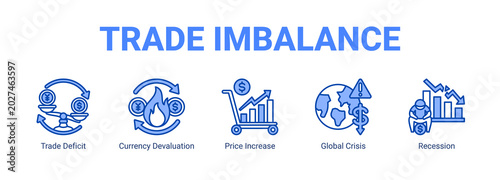 Konstfotografi Trade Imbalance web banner icon concept, with Trade Deficit, Currency Devaluation, Price Increase, Global