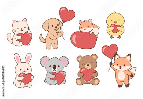 Cute kawaii animals holding hearts, set of simple kids love illustrations