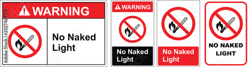 Foto Warning signs prohibiting open flames and smoking with no naked light text on wh