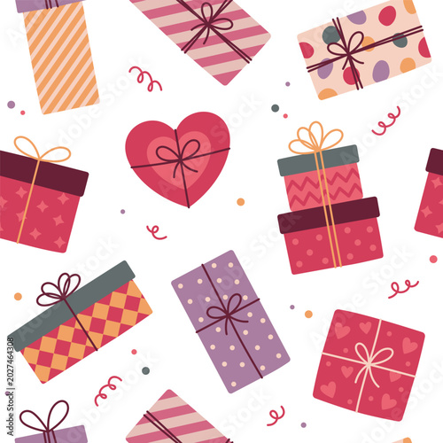 Gift boxes and packaging in various shapes and designs seamless pattern, background. Cute doodle style illustrations