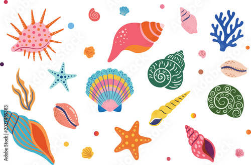 Konstfotografi Marine elements pattern with shells coral starfish and sea motifs