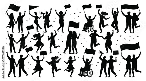 Diverse group of people in silhouette celebrating with flags and confetti in this creative image