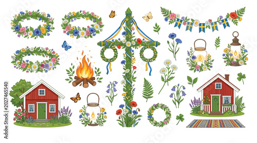 Decorative collection of traditional nordic midsummer elements featuring floral wreaths and festive wooden maypole structures today