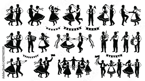 Silhouettes of traditional bavarian dancers and musicians performing folk dances during a festive octoberfest celebration event