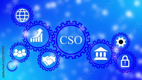 Chief Strategy Officer concept with interconnected gears and icons on blue background business.