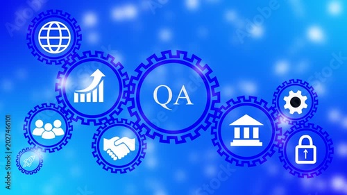 Quality Assurance concept with interconnected gears and icons on blue background . 