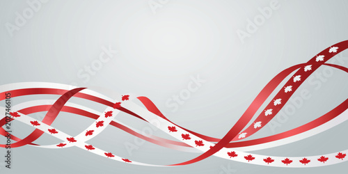 Fotografía Flowing red and white ribbons with canadian maple leaf symbols waving on light g