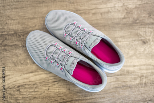 Comfortable women's walking shoes from a top-down shot.