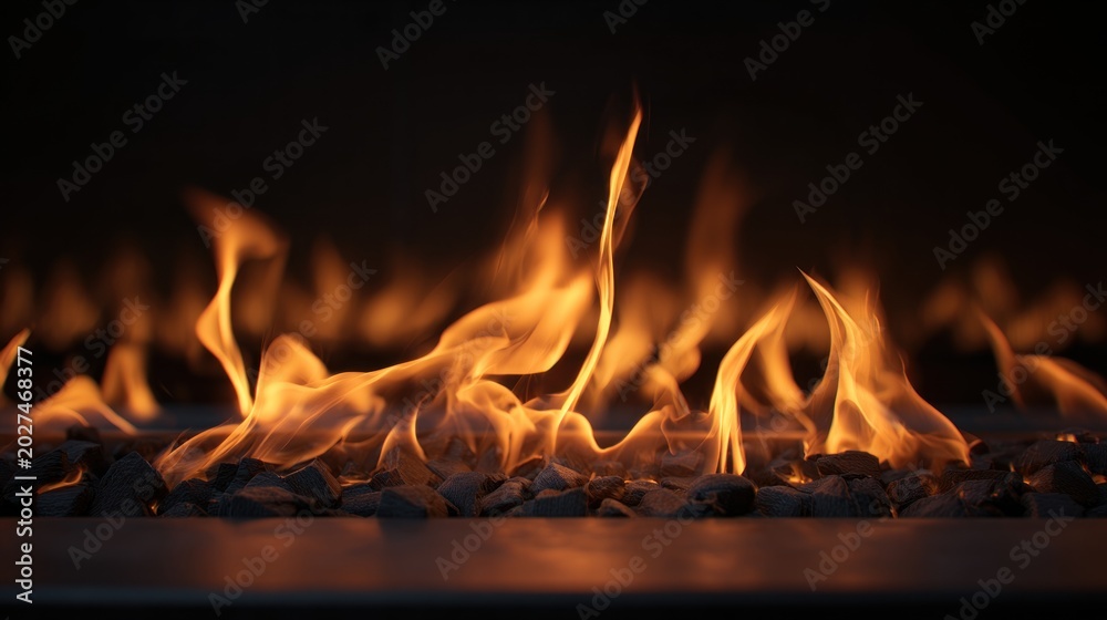 Fototapeta premium Flames dance gently with warm amber tones against a dark background, creating a cozy atmosphere