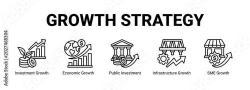 Growth Strategy web banner icon concept, with Investment Growth, Economic Growth, Public Investment, Infrastructure Growth.