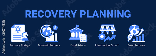 Foto Recovery Planning web banner icon concept, with Recovery Strategy, Economic Recovery, Fiscal Reform, Infrastructure Growth