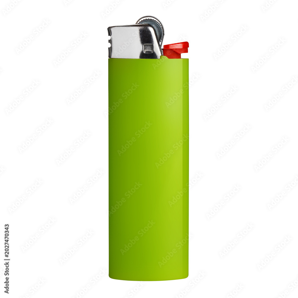 Fototapeta premium Green plastic lighter, isolated on cutout transparent background