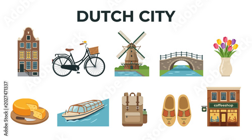 Dutch City Landmarks with Bicycle Windmill Canal Bridge and Traditional Objects