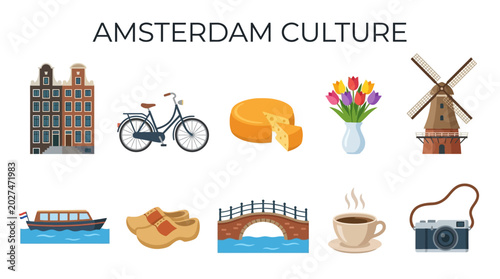 Amsterdam Landmarks and Dutch Culture Symbols with Bicycle Windmill Tulips and Canal Houses