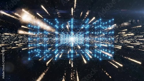 Digital Network Grid: An intricate digital network grid with glowing blue nodes and connecting lines expands into a luminous, abstract void, representing the interconnectedness of technology and data.