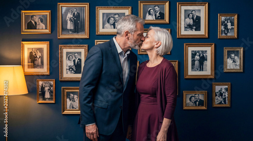 An elderly couple in love on the background of a wall with photos. Sensual kiss, anniversary of marriage, anniversary of marriage between a man and a woman
