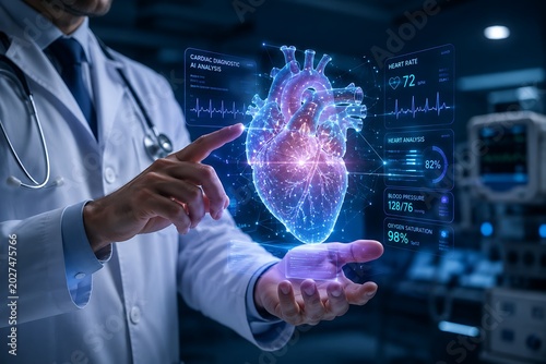 Doctor holding a glowing human heart, showcasing a futuristic AI diagnostic system for cardiac analysis