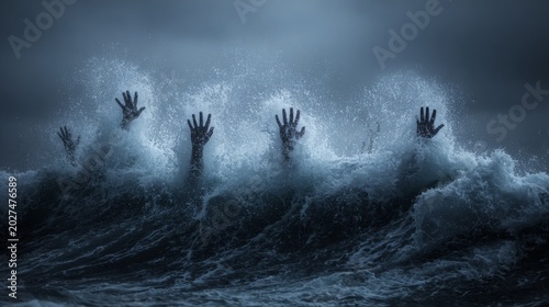 Ocean waves shaped like human hands reaching out 