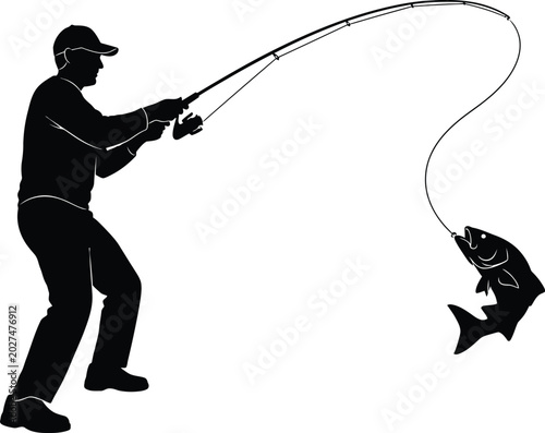 Tableau sur toile Man fishing with a caught fish on rod Vector