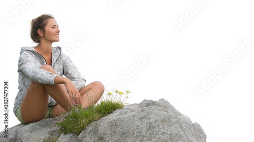 Beautiful female traveler sitting on a mountain rock isolated on pure white background with clean negative space and outdoor lifestyle styling.