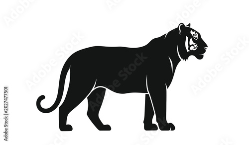 Konstfotografi Detailed black tiger silhouette in a side profile against a white background pre