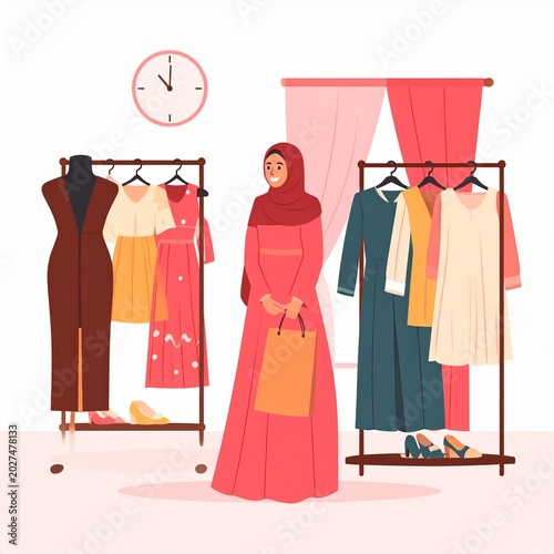 Woman wearing a hijab shops for clothing in a boutique store with racks of dresses and accessories.