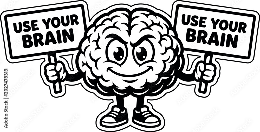 Fototapeta premium Cartoon brain character holding signs with text black and white illustration