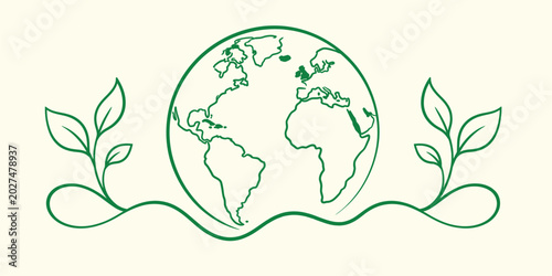 Fotografija Earth with leaves line art, global ecology, and environmental sustainability con