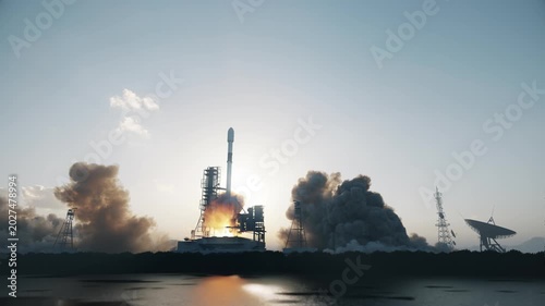 Rocket Launch from Space Center — Powerful Liftoff with Fire, Smoke and Steam at Launch Pad, Space Exploration and Aerospace Technology Concept