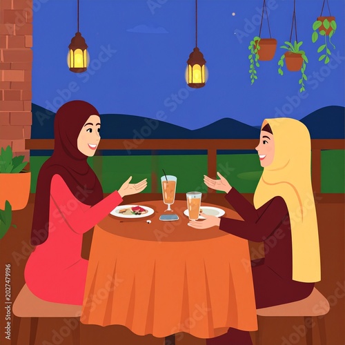 Friends wearing hijabs share a meal on a wooden balcony under glowing lanterns during the evening.