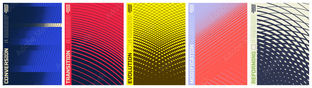 Fototapeta premium Abstract geometric vector poster set with halftone grid and optical illusion patterns, Shape distortion and linear gradients with transition effect, dynamic graphic for banner and wall art, kit 1